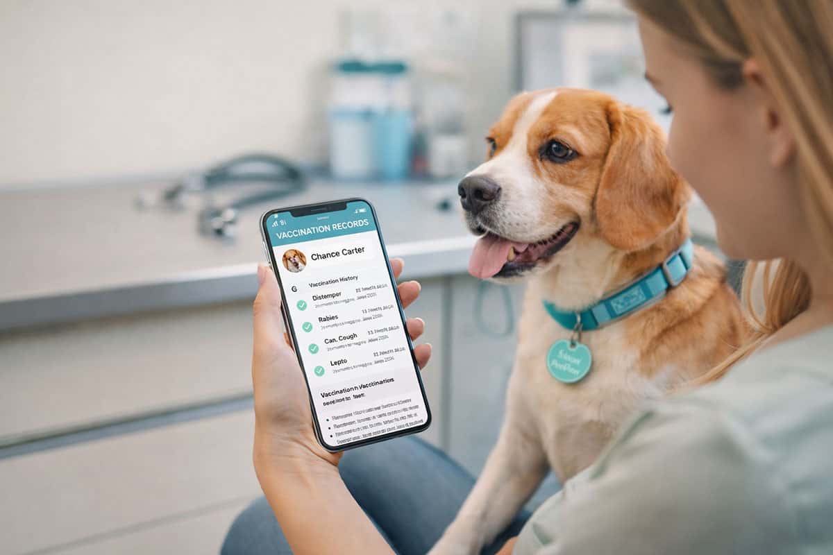 Pet vaccination records on a smartphone beside a dog at a veterinary clinic